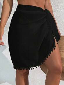 Pañuelo de playa para mujer con flecos y pompones, estilo bohemio, para cubrir y sarong - Negro 2 - Ver 7