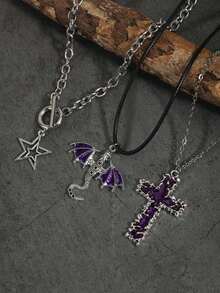 Bộ 3 mặt dây chuyền phong cách Gothic cổ điển hình ngôi sao, thánh giá tan chảy, cánh và rồng, phụ kiện dây chuyền nhiều lớp sang trọng tối giản dành cho nữ. - Màu tím - Xem 2