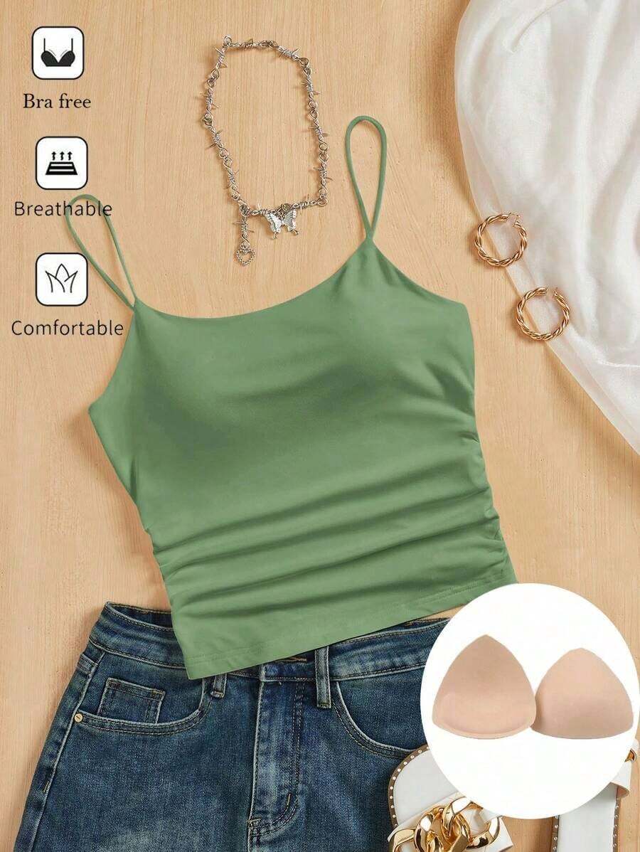 Camiseta ajustada con cuello redondo, almohadilla en el pecho y transpirable.Camisola básica para mujer sin sujetador - Verde - Ver 1