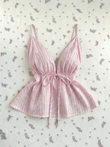 Top sin espalda con cuello de halter y rayas de strass para mujer - Rosa - Ver 1