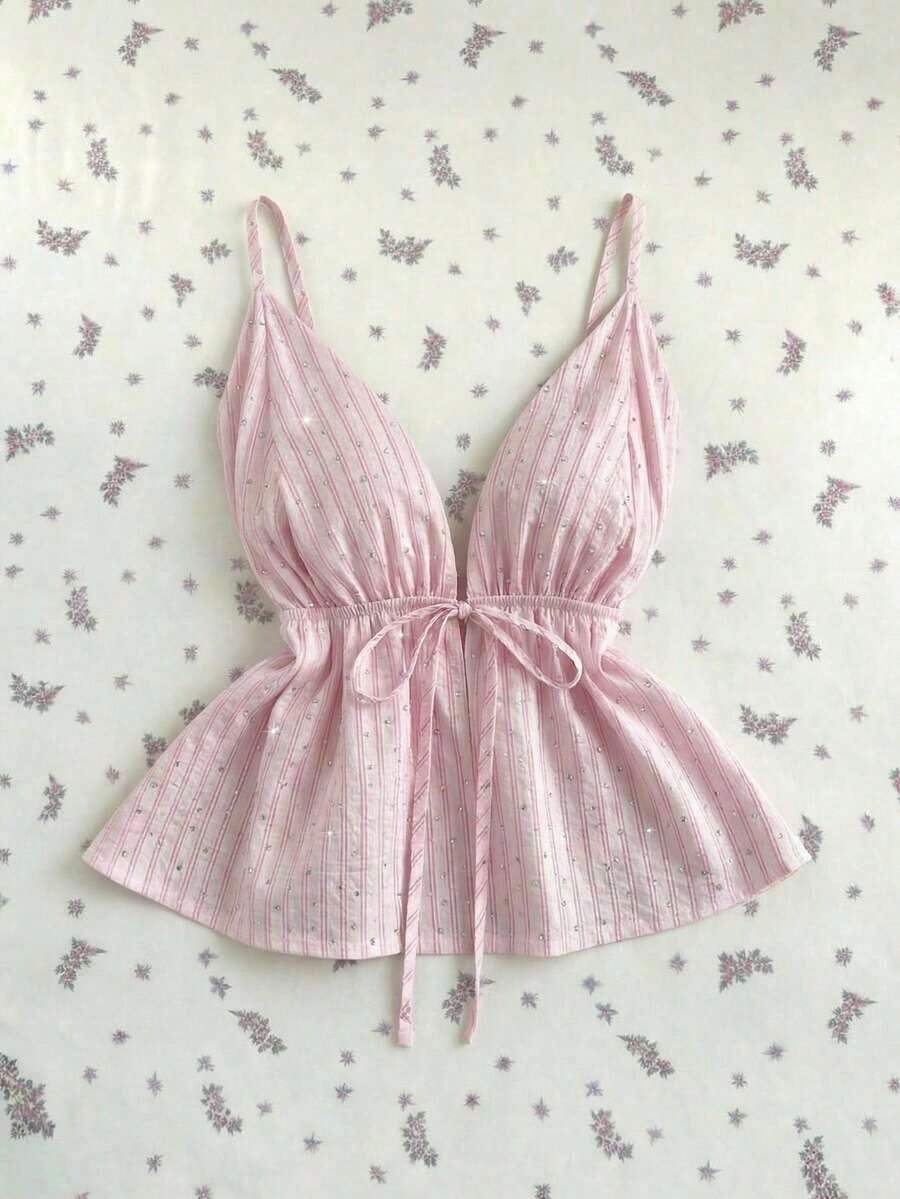 Top sin espalda con cuello de halter y rayas de strass para mujer - Rosa - Ver 1