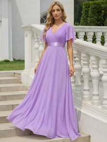 Vestido de dama de honor con cuello en V elegante, mangas con volantes y mariposa, color verde salvia, vestido de invitada de boda, vestido de primavera semi-formal para boda, fiesta de cumpleaños, graduación, Día de San Valentín - Lila Púrpura - Ver 10