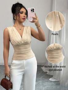Camiseta de mujer elegante y romántica con perlas beige - Albaricoque - Ver 8