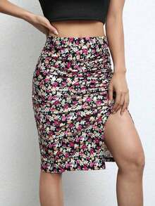 Frenchy Falda con estampado floral fruncido de muslo con abertura - Multicolor - Ver 3