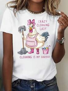 Women's Funny Cleaning Theme T-Shirt - "Crazy Clean Girl" Print - Soft And Stretchy Crew Neck T-Shirt - Everyday Casual Wear - Sizes S-XXL - Machine Washable Fabric, Suitable For All Seasons, Fun Design - 白色 - 查看 6