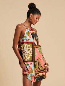 Vestido corto holgado con hombros al descubierto y estampado tejido para mujeres para vacaciones - Multicolor 3 - Ver 5