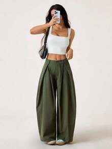 Pantalones anchos de verano con dobladillo curvo verde, estilo vintage, casual y para salir - Verde militar - Ver 5