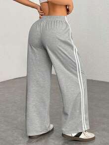 Pantalones casuales con rayas laterales negras, de estilo simple y de moda para uso diario, graduación, maestros y vuelta al colegio para mujeres - Gris - Ver 2