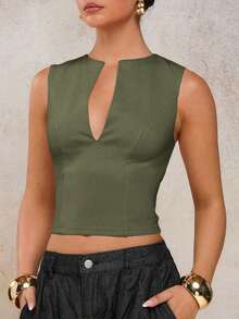 Blusa sin mangas de corte slim de unicolor con cuello en V profundo para mujer - Verde militar - Ver 5