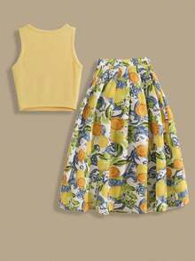 Conjunto de 2 piezas de top corto sin mangas y falda con estampado de hojas de limón para mujer, conjunto de vestir casual elegante para vacaciones - Multicolor - Ver 2