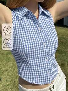 Pijama casual de verano para mujer, estilo de vacaciones Y2K, camisa corta ajustada sin mangas a cuadros azul y blanco, top azul - Azul 2 - Ver 5