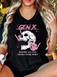 1 Piece Unisex Loose Fit T-Shirt 180g 100% Pure Cotton, Unique Gen X T-Shirt With Skull And Rock 'n' Roll Hands Design, Perfect For Y2K Style Lovers. Highlight Your Personality With This Exclusive Piece That Captures The Essence Of A Rebellious Generation. Ideal For Your Everyday Outfits. - 黑色 - 查看 1