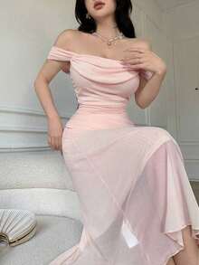 YHHCelisse Vestido elegante ajustado con hombros descubiertos y drapeado de unicolorYHH - Rosa - Ver 3