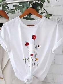 Plus Size T-Shirt With Poppy Flower Print, Red Floral Design, Fashionable Plus Size Women's Clothing, Suitable For All Seasons, Machine Washable - Style Y2K Cotton T-Shirt, Ideal Gift - 白色 - View 6
