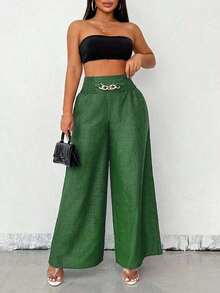 Women's Casual Wide-Leg Linen Pants With Metal Chain Detail, Autumn Style - màu xanh lá - Xem 7