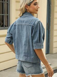 La nueva moda es delgada, relajada, de manga corta, chaqueta vaquero y blusa de moda femenina. - Azul - Ver 5