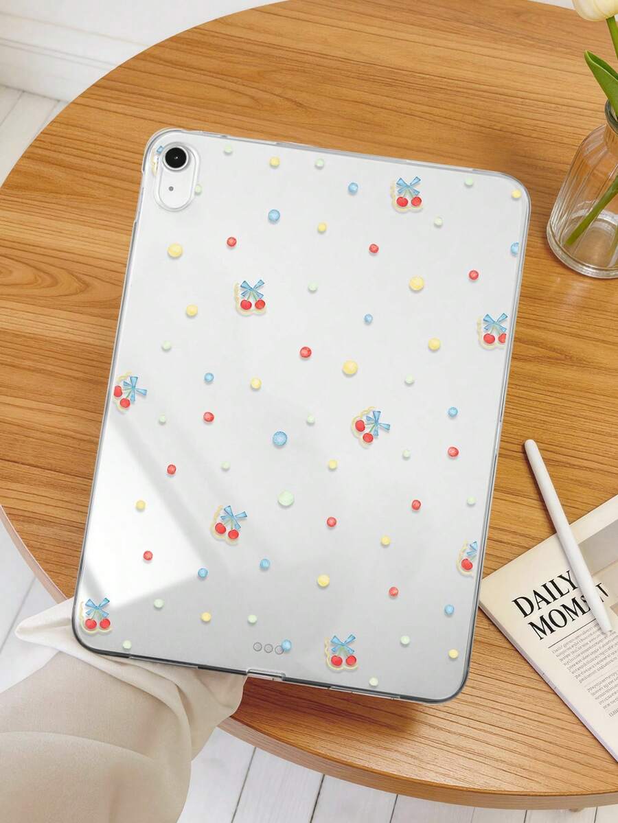 1個 TPU 軟殼紅色櫻桃波點蝴蝶結圖案彩繪平板保護殼，相容於 iPad 10.2/10.5/Air4/Air5/10.9/Pro 11"/10代/Air 11-In.(M2)-2024/Pro11-In.(M4)-2024/ Air 11-Inch (M3) 2025/ (A16) 11 Inch 11代 2025/ Air7(M3)2025 (11-Inch)/ Air 8(M4)2026(11-Inch)/ Mini1/2/3/Mini4/Mini5/Mini6/Mini7/Air/Air2/9.7/ Galaxy Tab A7 10.4 Inch/A8，TPU 透明保護殼無筆槽，筆僅供展示不含在內，輕量超薄軟殼 - 彩色 - 查看 1