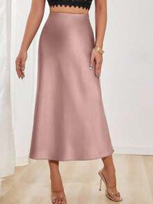 Falda en A de satén elegante y versátil para mujer - Rosa Oxidada - Ver 4