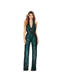 Monocromático dorado con lentejuelas, escote halter en V profundo, diseño de piernas anchas sin mangas, tejido brillante elástico ideal para fiestas nocturnas, eventos festivos y invierno, estilo sexy glamoroso perfecto para cenas elegantes y celebraciones - Verde Oscuro - Ver 1