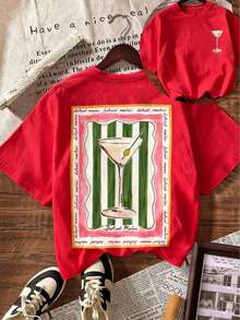Women's Casual Summer T-Shirt, Casual Summer Top With Dirty Martini Lover Print, Round Neck, Short Sleeve, Suitable For Summer Vacation And Beach, Vintage Style Y2K Loose Fit, Urban Clothing, Soft And Breathable Cotton, Summer Beachwear Set - 紅色 - 查看 10