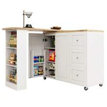 360° Rotating Bar Table (135-203 X 39 X 106 Cm) With Wheels, White, With Three Drawers. Includes Snack Rack. Multifunctional Storage Island, Ideal For Kitchen And Living Room. - 白色 - 查看 11