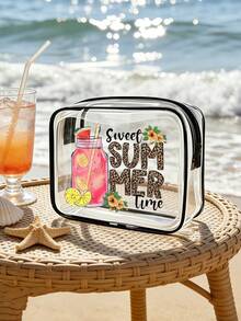 1pc Black PVC Transparent Makeup Organizer Bag, Printed With "Sweet Summer Time" Letter Pattern And Pink Soda Pattern, Premium Quality Durable, Waterproof And Stain-Resistant, Easy To Wipe Clean - Multicolor - View 6