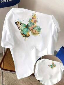 Under The RadarCamiseta estampada por delante y por detrás, con diseño de mariposas y flores, patrón de belleza natural, cuello redondo, manga corta informal para mujer, ajuste cómodo, diseño clásico, artículo de moda, top estampado de doble cara para mujer 2026. Camiseta unisex de algodón holgada de manga corta y cuello redondo estilo vintage urbano - Blanco - Ver 6