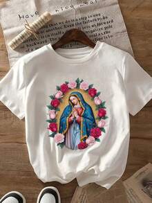 Camiseta de verano premium para mujer con estampado de la Virgen María y rosas - Unisex - 100% holgada, de manga corta y cuello redondo, ropa religiosa, con la icónica imagen de la Virgen María - Prenda de fe para uso diario, top unisex adecuado para el uso cotidiano y como regalo (lavable a máquina). - Albaricoque - Ver 8