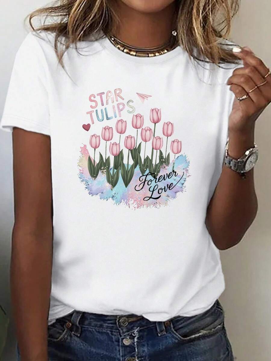 Women's Soft Cotton Vintage T-Shirt With A Butterfly And Starry Tulip Design - Comfortable Fit, Short Sleeves, Crew Neck, Geometric Pattern, Machine Washable, Casual Style, Suitable For All Seasons. | Medium-Stretch Graphic T-Shirt - 白色 - 查看 1