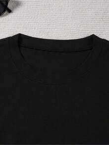 Lightweight, Breathable, And Loose-Fitting Women's Clothing, Spring/Summer,  Script Graphic T-Shirt, Round Neck, Short Sleeve, Fashionable Casual Top, Elegant Party Outfit, Loose Fit, Holiday Gift, Fun Design, Everyday Wear, Loungewear, Matching Sets For Spring And Autumn. - 黑色 - 查看 5