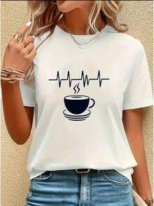 Cozy Comfy Lounge Casual Summer Short Sleeve T-Shirt With Simple Coffee Print, Round Neck, Machine Washable, Comfortable For All Seasons, Women's T-Shirt, Comfortable Clothing, Fun Design, Opaque, Modern Top For Daily Wear, Breathable, Basic Style, New Summer Fashion For Women, Holiday Gift, Soft And Relaxed Home Wear. - 白色 - 查看 11