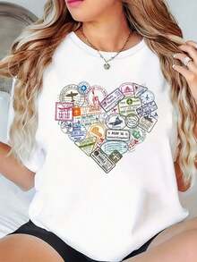1 pieza Blusa de manga corta para mujer con estampado de sello de pasaporte - Diseño de sello de pasaporte y letras, lavable a máquina, cuello redondo, camisa casual adecuada para atuendos con temática de viajes, vestimenta informal, - Esencial para el guardarropa, 180g Algodón 100%. - Blanco - Ver 6