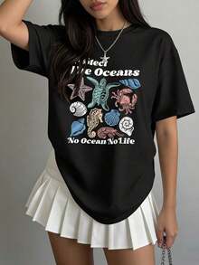 Camiseta Casual de Verano para Mujer, 100% Algodón, Regalo para Amantes del Océano, Camiseta con Estampado de Vida Marina para Proteger Nuestro Océano, para Hombres y Mujeres, Top de Verano para Mujer - Negro - Ver 3