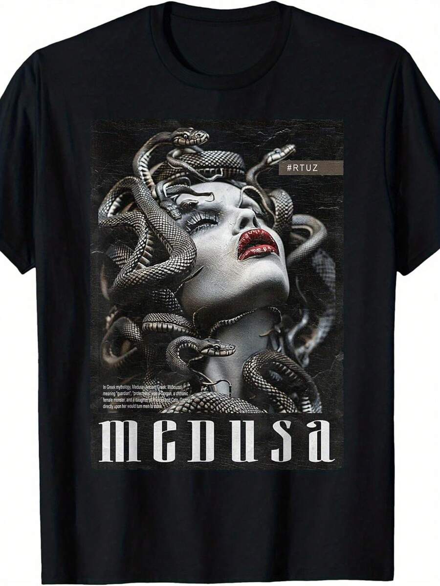 Camiseta unisex de la mitología griega con diseño de Medusa - 220g de algodón puro de peso pesado con diseño vintage de monstruo de pelo de serpiente, adecuada para todas las estaciones, estilo casual, ropa con temática de mitología griega. - Negro - Ver 1