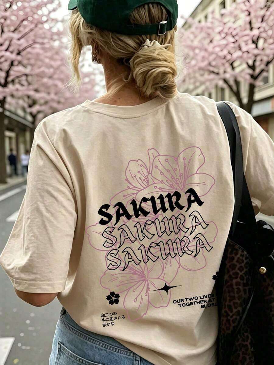 Camiseta Casual para Mujer 2026 con Estampado Gráfico de Sakura Blanca, Manga Corta con Hombros Caídos, Cuello Redondo, Tejido de Punto de Elasticidad Media para Moda de Primavera, 100% Algodón - Albaricoque - Ver 1
