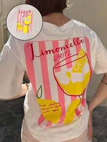 Camiseta Gráfica Casual de Corte Holgado para Mujer "Limoncello Spritz", Transpirable y Cómoda, Manga Corta, Cuello Redondo, Rayas Rosadas y Estampado de Limones, Algodón Suave, Perfecta para Uso Diario y Estilo Urbano de Verano - Blanco - Ver 1
