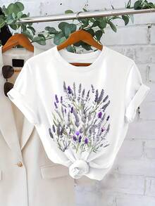 1 pieza de top casual de manga corta con estampado floral, cuello redondo y corte holgado, para verano y primavera, ropa de talla grande para mujer, 180g 100% algodón. - Blanco - Ver 3