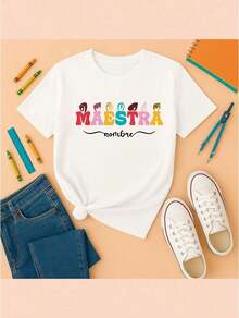 Women's Breathable Teacher T-Shirt, "Teacher" Text Design With Rainbow Crayons, Lightweight And Cool, Ideal For Extreme Heat, Casual Summer School Style (Mexico) - 白色 - 查看 4