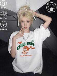 日系女式宽松圆领短袖字母卡通印花T恤，春夏休闲白色 - 白色 - 查看 4
