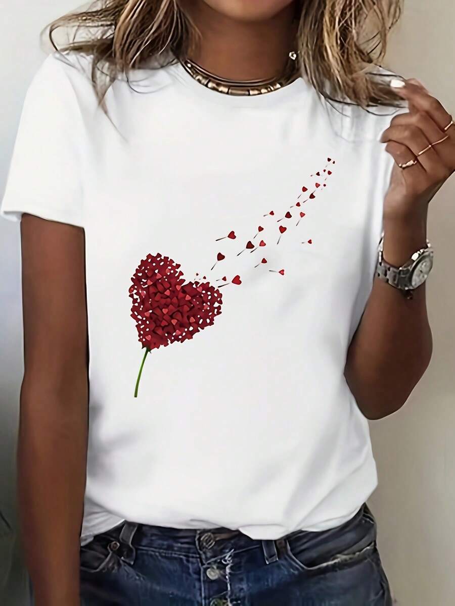 White Short Sleeve T-Shirt With Heart-Shaped Balloon Print, Round Neck, Comfortable, Casual, Holiday Essential, Slightly Loose Fit, High-End Feel, Plus Size, Casual Sports T-Shirt For Women - 白色 - 查看 1