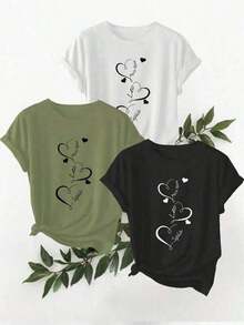 New Casual Cotton T-Shirt For Women, Fashionable, Suitable For Spring, Summer, Autumn And Winter. Special Offer: 3-Piece Short-Sleeve Set, Including A Heart Print T-Shirt 3539. - 白色 - 查看 1