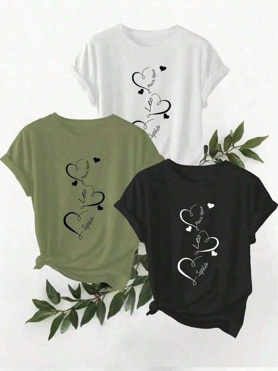 New Casual Cotton T-Shirt For Women, Fashionable, Suitable For Spring, Summer, Autumn And Winter. Special Offer: 3-Piece Short-Sleeve Set, Including A Heart Print T-Shirt 3539. - 白色 - 查看 1