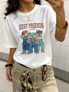 Women's Casual Loose Fit T-Shirt With "Best Friends 1979 Bear" Print, Breathable And Comfortable, Short Sleeve, Crew Neck, Retro 3 Bear Print, Soft Fabric, Perfect For Everyday Wear And Urban Style Y2K - 白色 - 查看 3