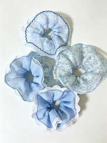 1pc Lace Scrunchie With Layered Hollow Floral Design, Elegant French Style Gingham Pattern, Suitable For Everyday Use Ponytail Holders Hair Elastics Hair Rubber Bands Hair Rope - Baby Blue - View 14