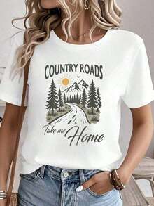 Women's Summer T-Shirt With Graphic Print, Cotton, Country Roads, Lead Me Home, Mountain, Nature, Travel, Summer Clothes, Fashionable Women's Clothing - 白色 - 查看 1