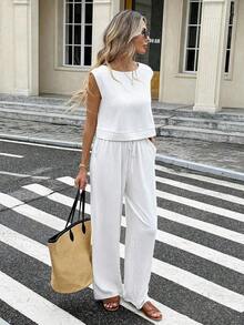 Conjunto de 2 piezas de chaleco y pantalones a cuadros casuales de vacaciones para mujer - Blanco - Ver 5