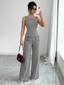 Conjunto de 2 piezas elegante con camiseta de tirantes con detalle retorcido en la espalda y pantalones de pierna ancha de unicolor para mujer - Blanco y Negro - Ver 7