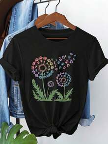 Tops de mujer, camisetas de mujer, Día de la Madre, blusas para dama casuales, tops de mujer, estilo de los años 2000, camiseta estampada con diseño de pata de animal y diente de león colorido para mujer, manga corta, cuello redondo, ropa casual para primavera y verano, perfecta para uso diario y como regalo para amantes de los animales. - Negro - Ver 6