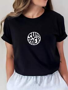 Camiseta de verano para mujer con cuello redondo y estampado, de 200g, moderna y casual de manga corta, adecuada para salidas familiares, regalos de cumpleaños y vestimenta de equipo de oficina, perfecta para las próximas vacaciones y uso diario. Camiseta de manga corta cómoda y versátil. - Negro - Ver 7