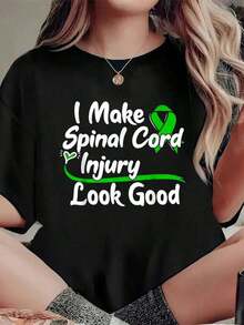 Sci Gift Spinal Cord Injury Awareness Ribbon Print T-Shirt, Casual Round Neck Short Sleeve Summer T-Shirt, Women's Clothing. - 黑色 - 查看 6